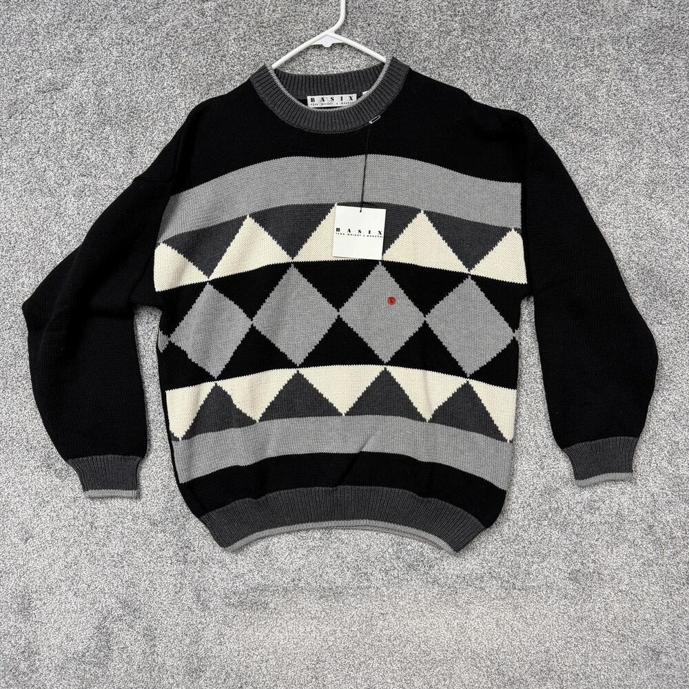 VTG 90s Basix Fenn Wright & Menson Sweater Mens L Black Argyle Geometric Grunge